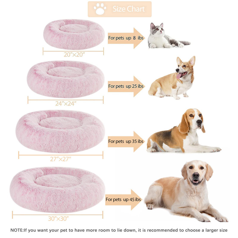 Calming Dog Bed Cat Bed Donut Faux Fur Pet Bed Self Warming Donut Cuddler Comfortable Round Plush Dog Beds 20 x 20 x 8 inch Light Pink Tucker